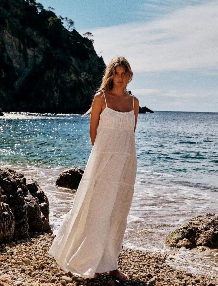 Zara - ZARA white cotton maxi tiered dress with adjustable straps on  Designer Wardrobe