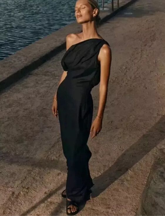 DISSH - Dissh Dress Cass Size 12 Linen Asym Midi Black Maxi Wedding Formal  on Designer Wardrobe