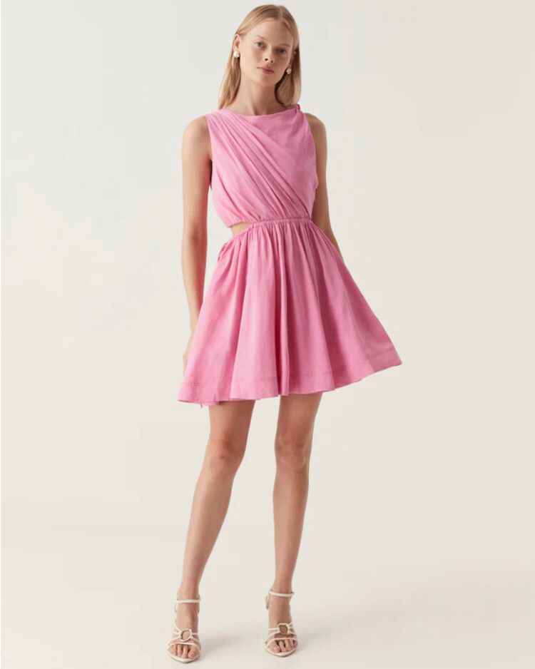 Aje Dress Abbey Twisted Mini Size 16 Pink Linen Blend Lined Short