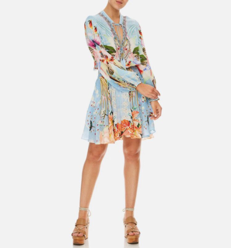 Camilla Dress Size XS Shirred Relaxed Short The Still Abyss Silk Mini