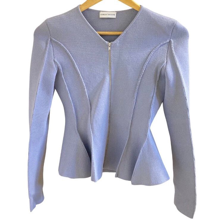 Scanlan Theodore Crepe Knit Jacket Size M Peplum Milano Light Blue Zipper