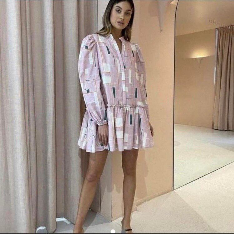 By Nicola Dress Size 8 Geo Tiered Mini Long Sleeved Floss Geometric Pink