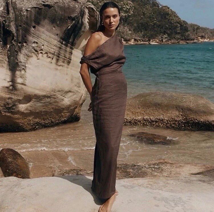 Dissh Dress Size 8 Cass Linen Asym Midi Dress Brown Chocolate