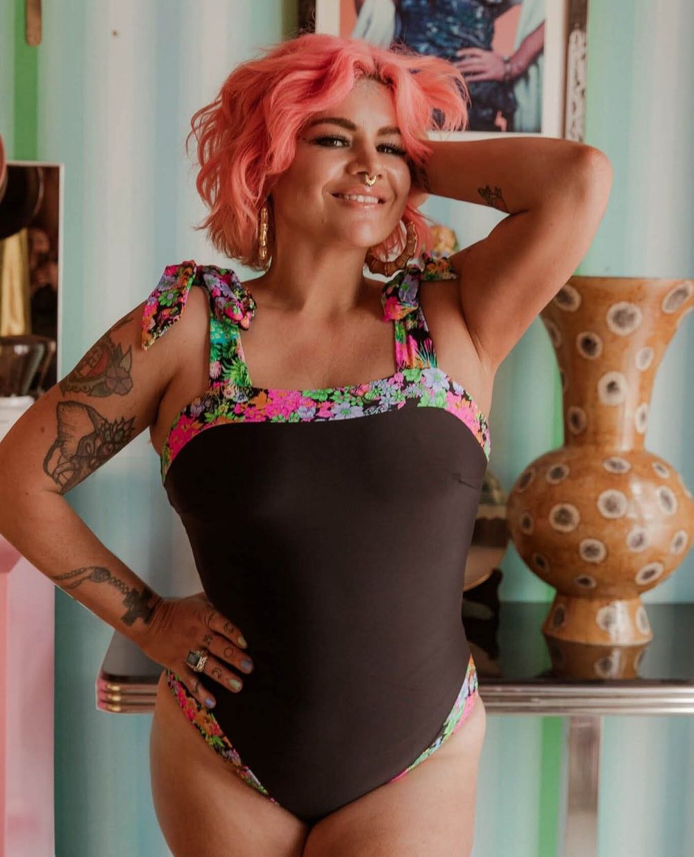 Queen The Label Neon Jungle collection Black Floral Swimsuit Size 12 brand new