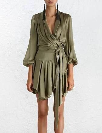 slim fit dress slacks Zimmermann Silk Wrap Mini Dress Khaki Olive Green Suede Silk