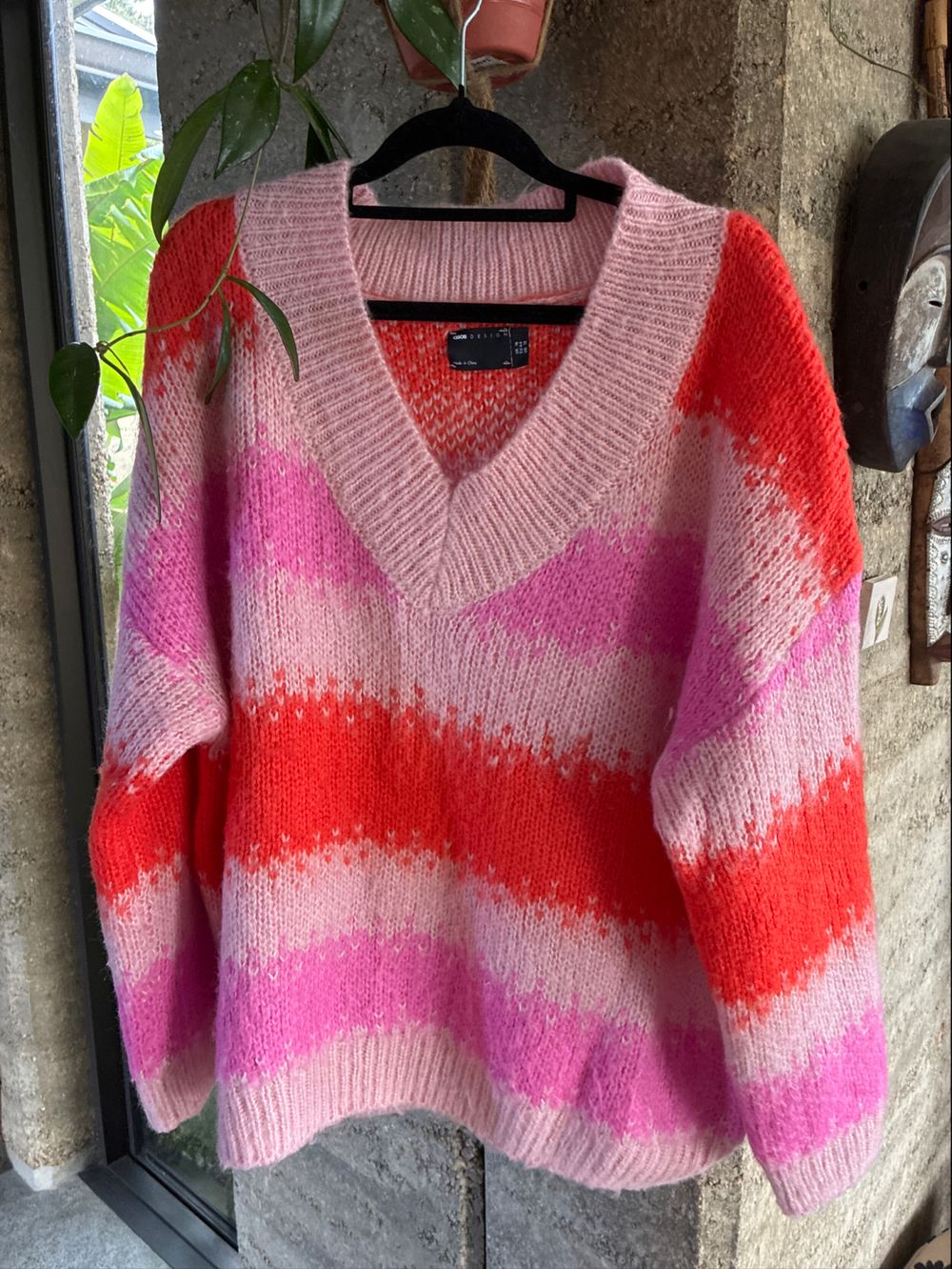 ASOS Design Pink and Red Striped V-Neck Jumper