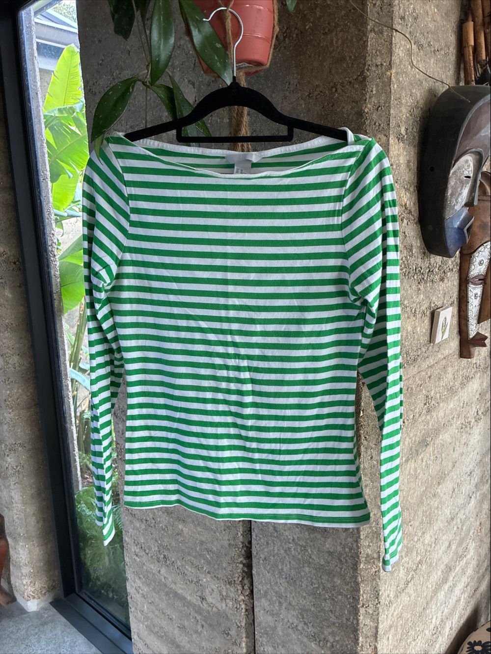 H&M Green and White Striped Long Sleeve Top