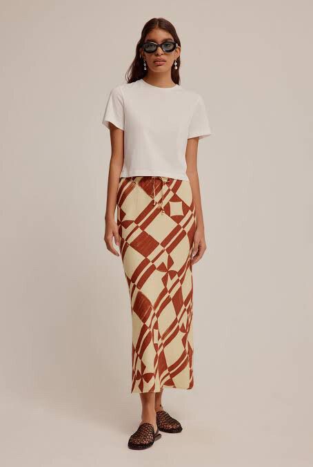 Venroy Printed Bias Skirt - Flan/Fired Brick Geo