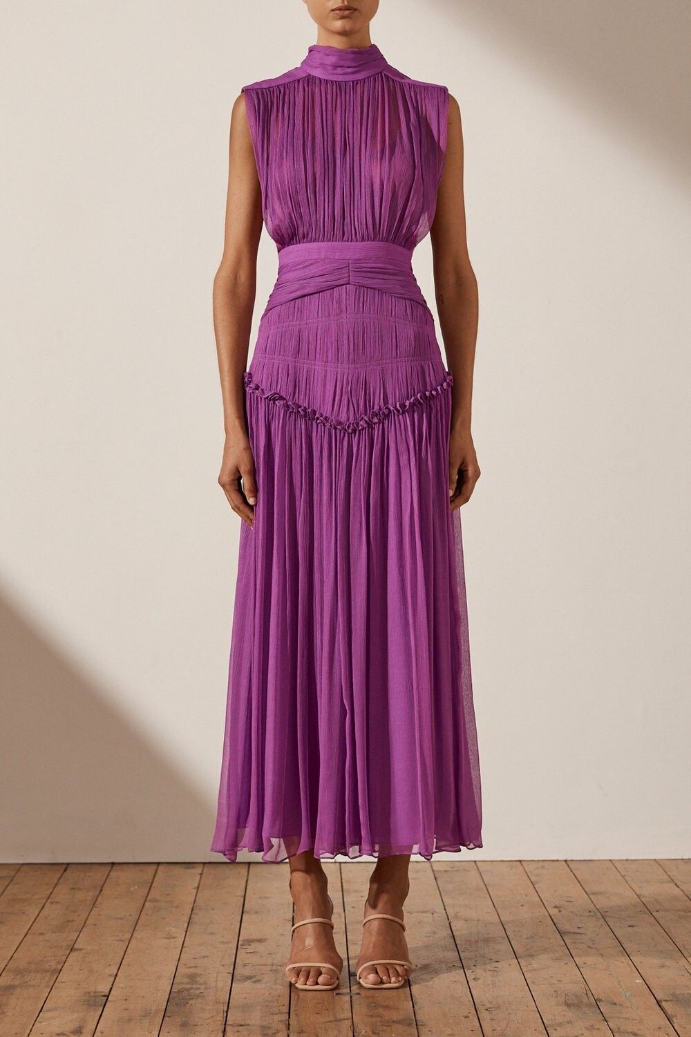 fitted lace wedding dress Campbell Ruffle Draped Maxi Dress | Midnight | Dresses main image 0