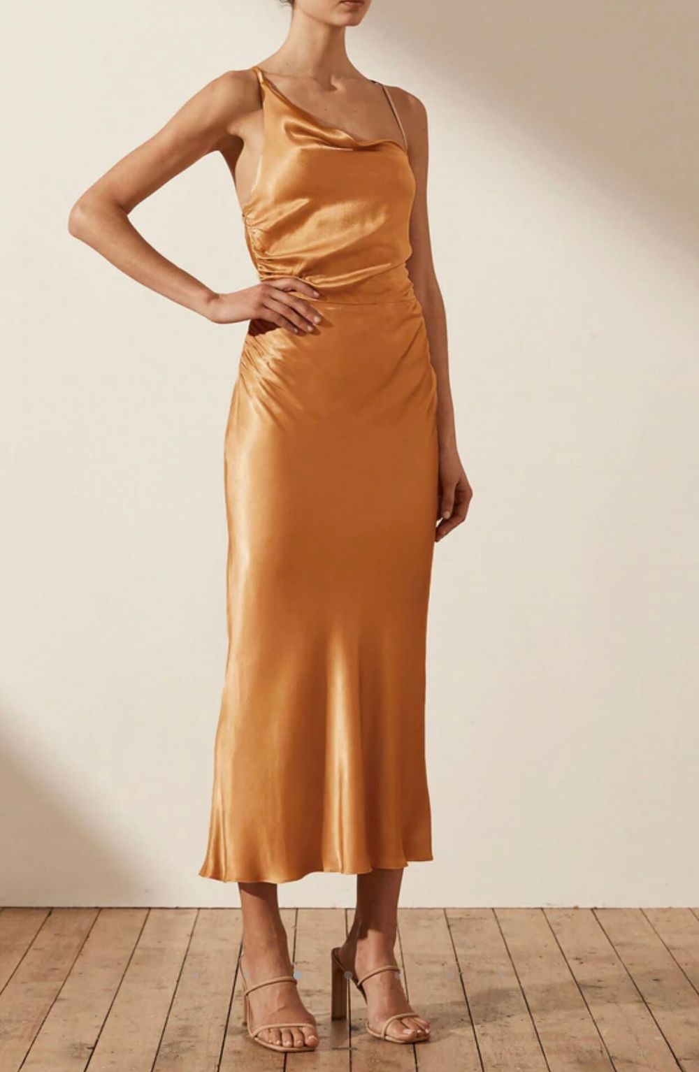 Shona Joy - ALMA ASYMMETRICAL BIAS COWL MIDI DRESS - TURMERIC on Designer Wardrobe Shona Joy - ALMA ASYMMETRICAL BIAS COWL MIDI DRESS - TURMERIC on Designer Wardrobe