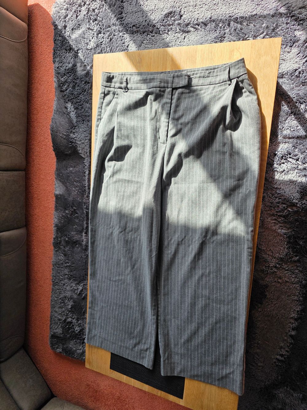 Wide leg, pinstripe, grey dress pants
