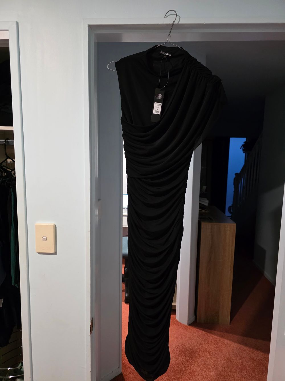 Fashion Nova Black Drapped Shoulder Ruched Dress