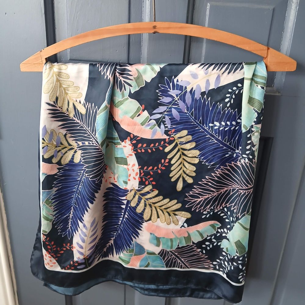 Portmans Navy & Pastel Tropical Leaf Print Satin Square Scarf