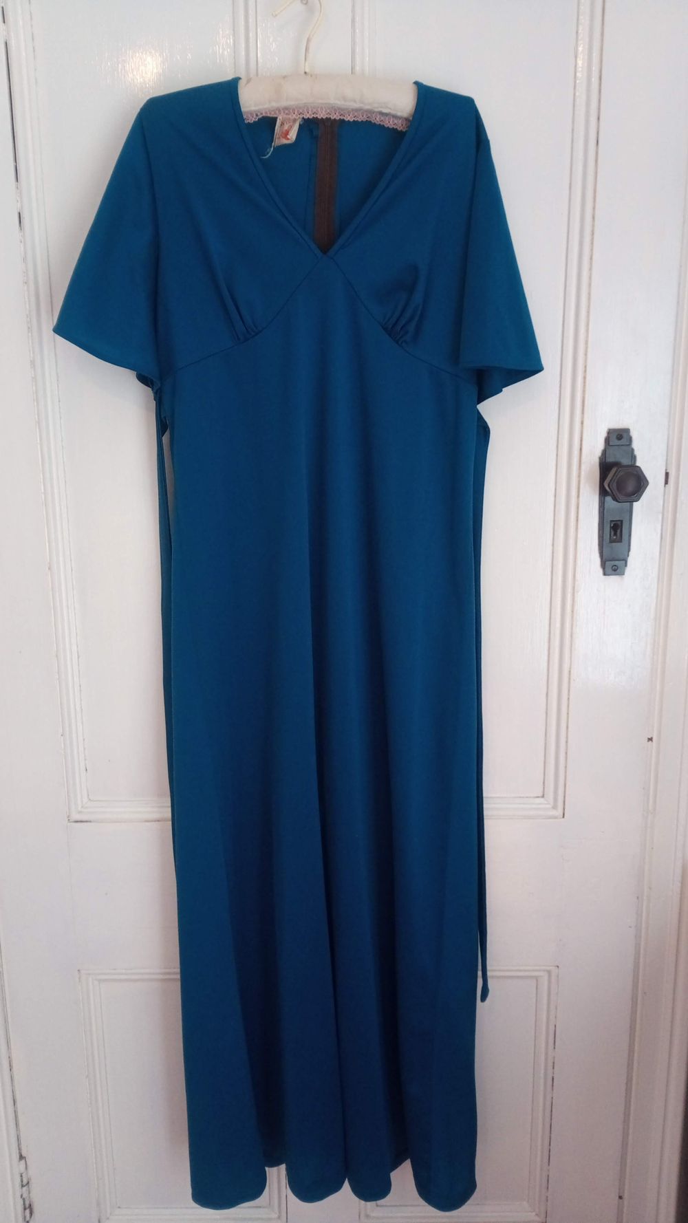 VINTAGE Strawberry Fair NZ Made Teal Maxi Dress / 70s Empire Waist Flutter Sleeve