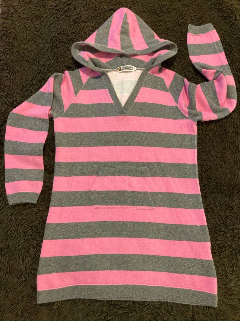 VINTAGE BAPE Pink & Grey Striped Angora Knit Hoodie (Size S)