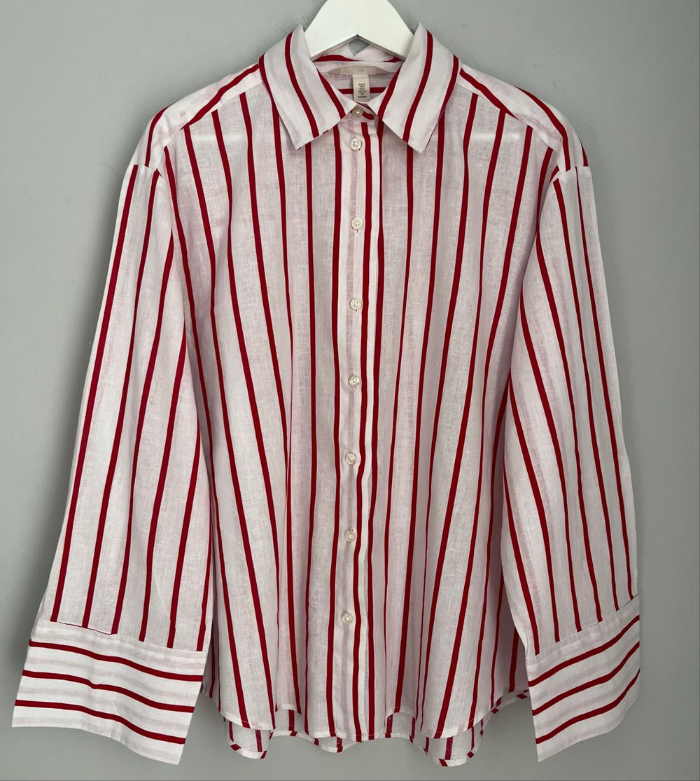 H&M Red and White Striped Linen Blend Shirt