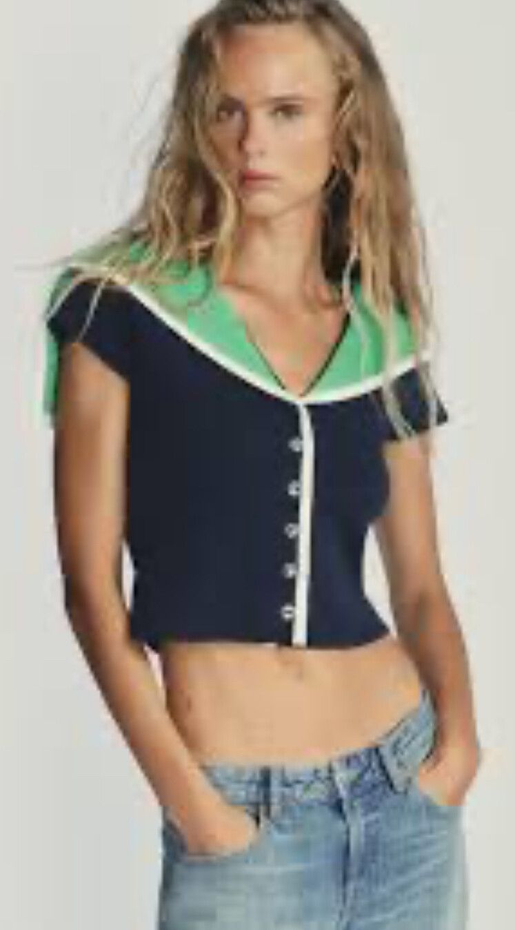 Zara Navy Green Knit Sailor Collar Top