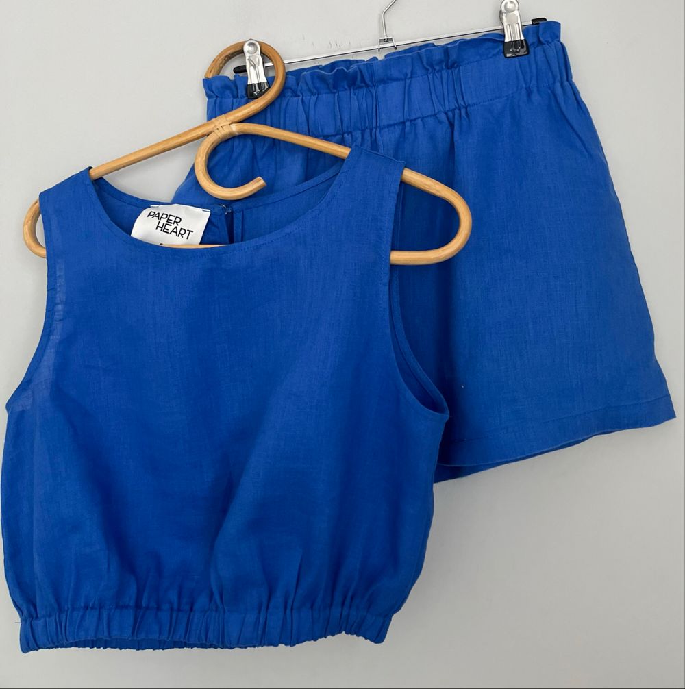 Paper Heart Blue Linen Shorts Set