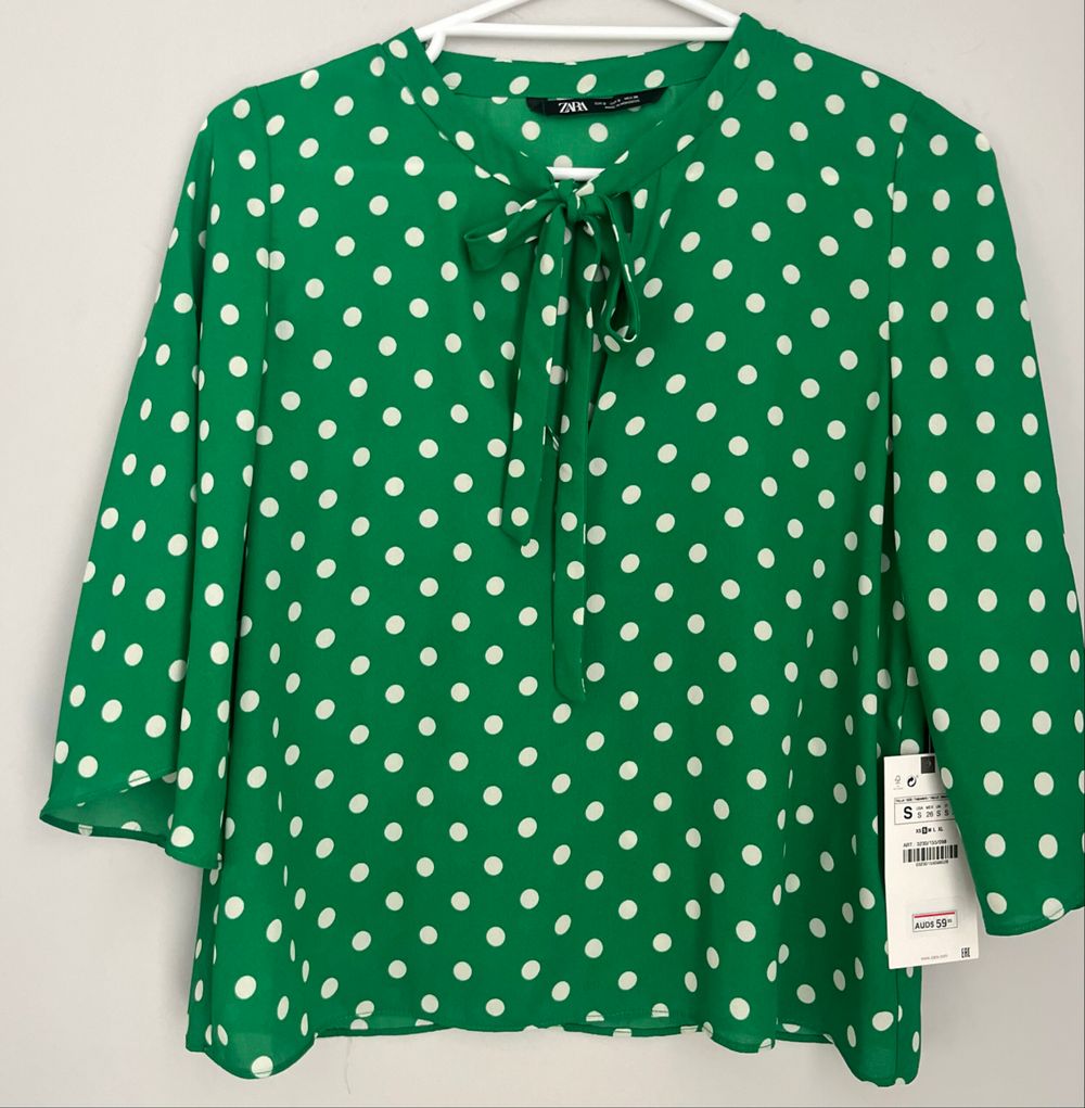 Zara Green Polka Dot Tie-Neck Blouse