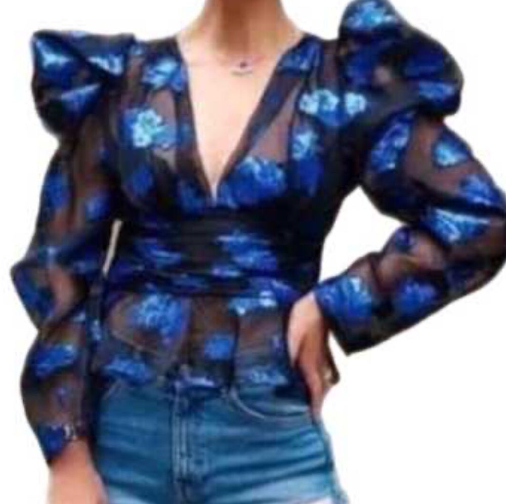 Zara Black Metallic Floral Puff Sleeve Blouse