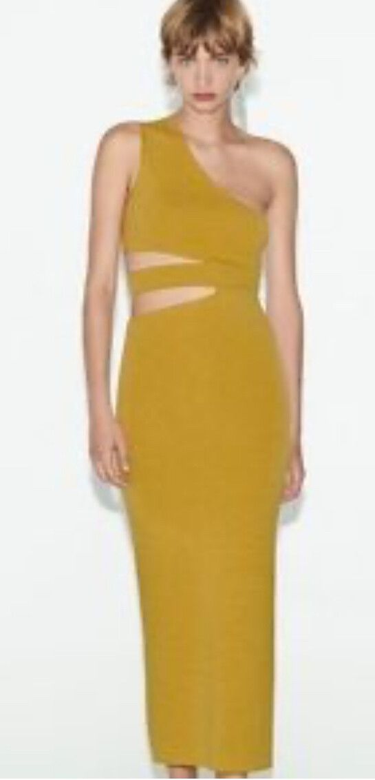 Zara Limited Edition Mustard One-Shoulder Cut-Out Midi Dress