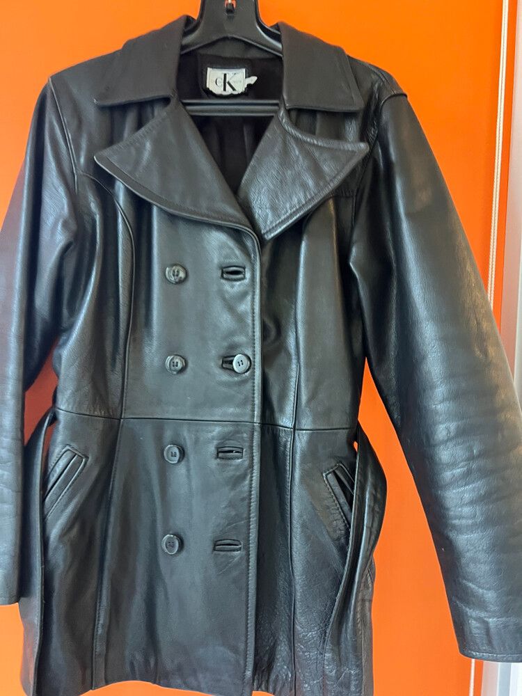 CALVIN KLEIN 100% Leather Jacket Coat black w tie Sz M-L VTG RRP$800