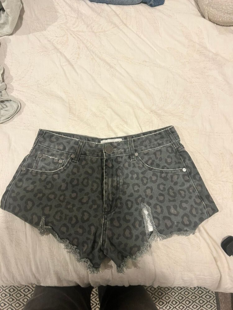 One Teaspoon Green Leopard Print Denim Shorts