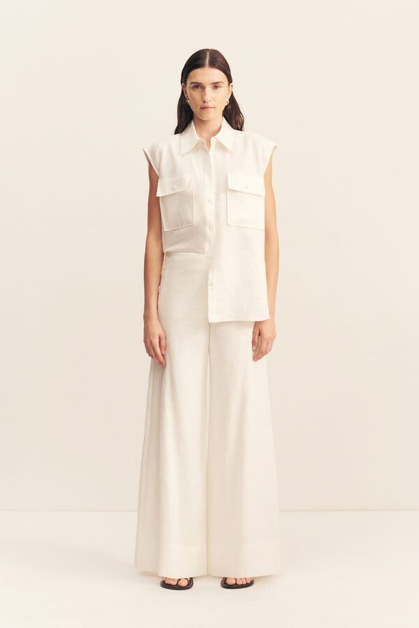 Shona Joy Size 12 Wide Leg  Linen Wellington Button Up Pant - Ivory
