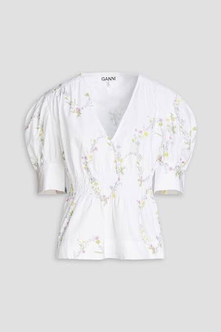 GANNI Shirred floral-print cotton-poplin blouse