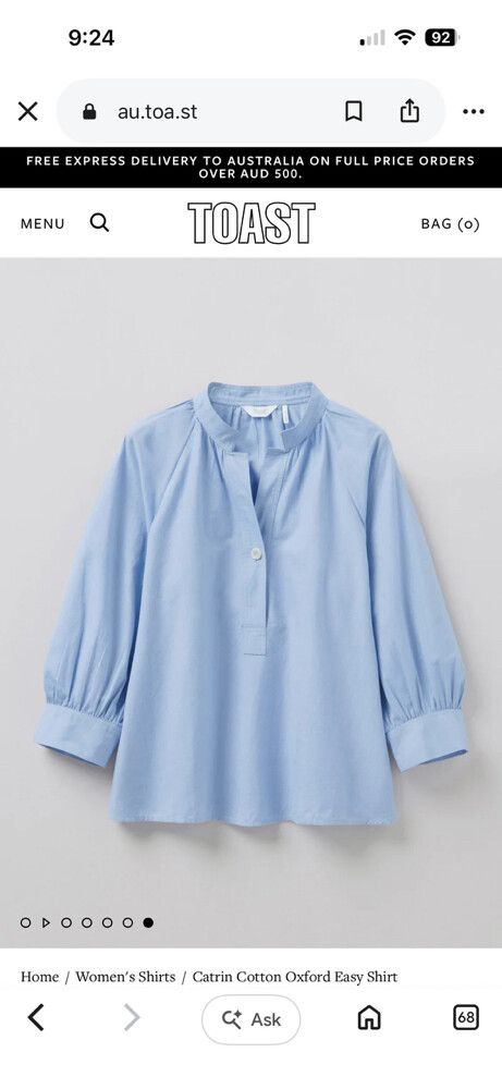 Toast Catrin Cotton Oxford Easy Shirt RRP$300Aus ($360NZ)