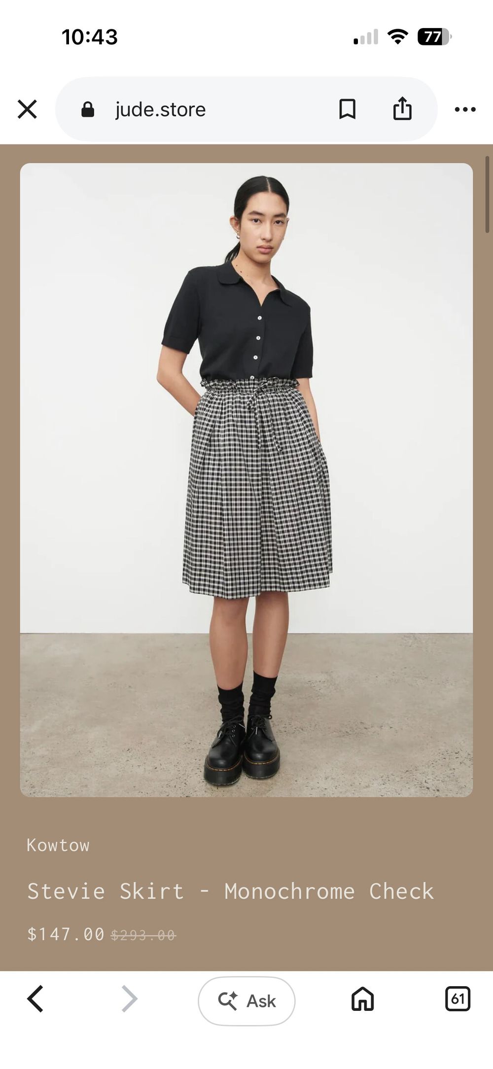 kowtow Stevie skirt in black and white gingham
