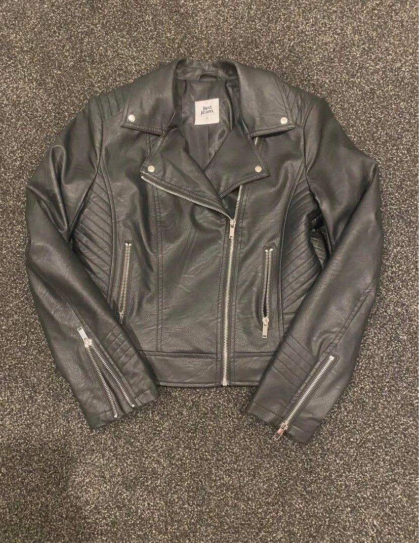 Just Jeans Black Biker Jacket – Faux Leather Moto Style – Size (check tag) – Edgy Staple