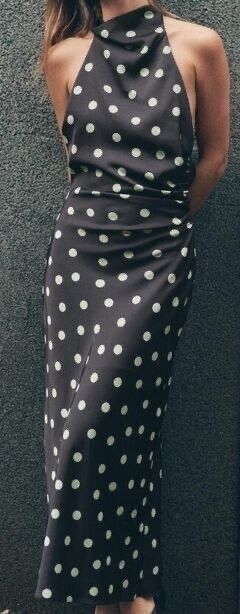 Zara - Zara Satin Navy Polka Dot Midi Dress on Designer Wardrobe