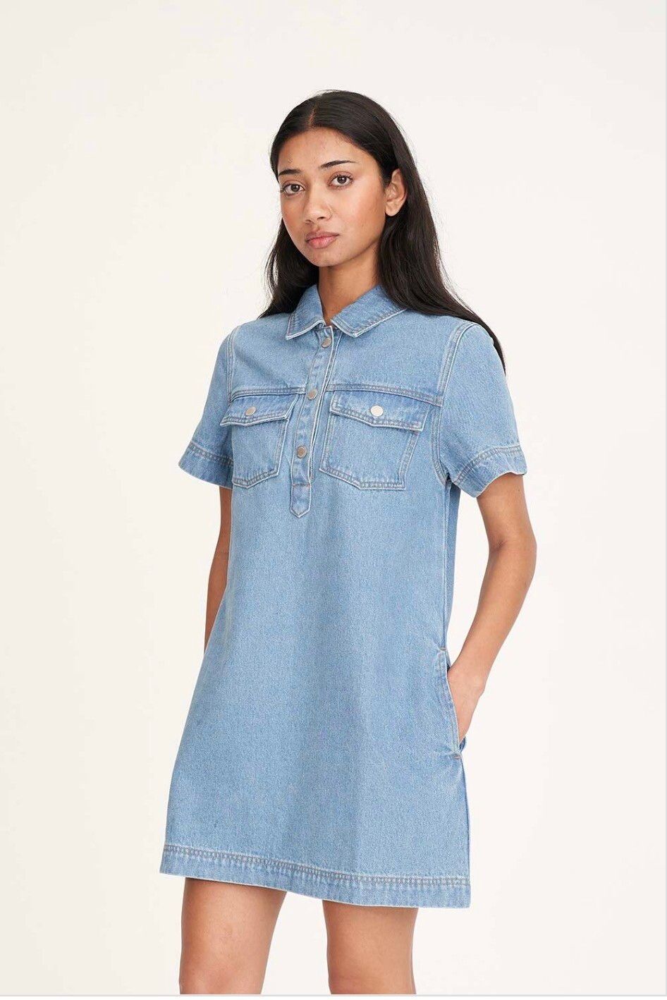 denim shirt maxi dress Laura yarn-range-number_667 The contrast whipstitch Color:01 Black Satin Soft Cup A-Line