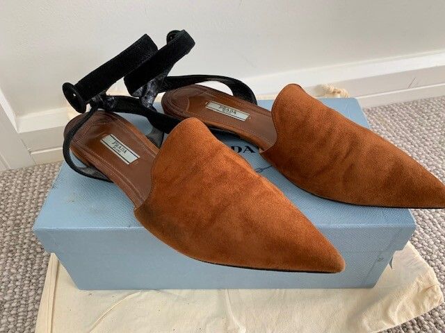 PRADA Prada Brown Suede Pointed Toe Ankle Strap Flat Mules Size 40