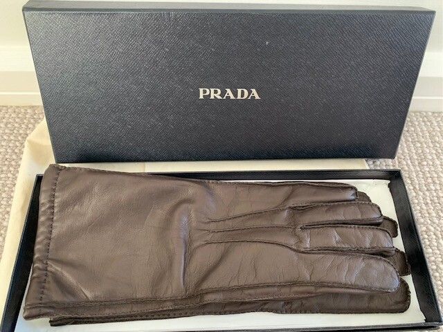 Prada Brown Lambskin Leather and Cashmere Gloves Brand New in Box 8.5