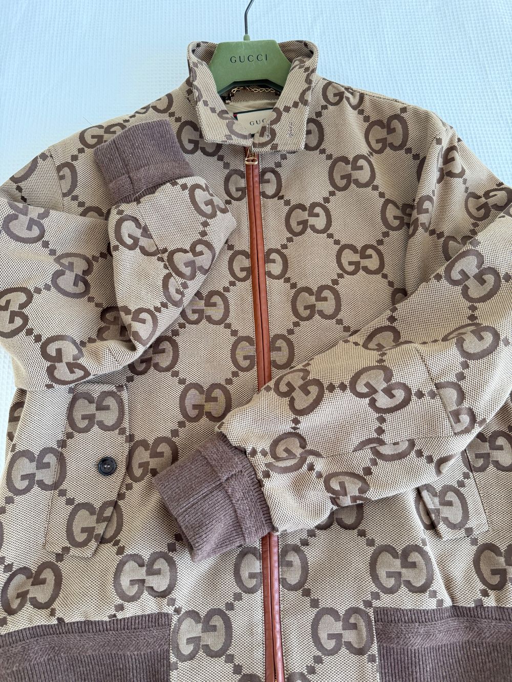 Gucci Beige GG Monogram Bomber Jacket
