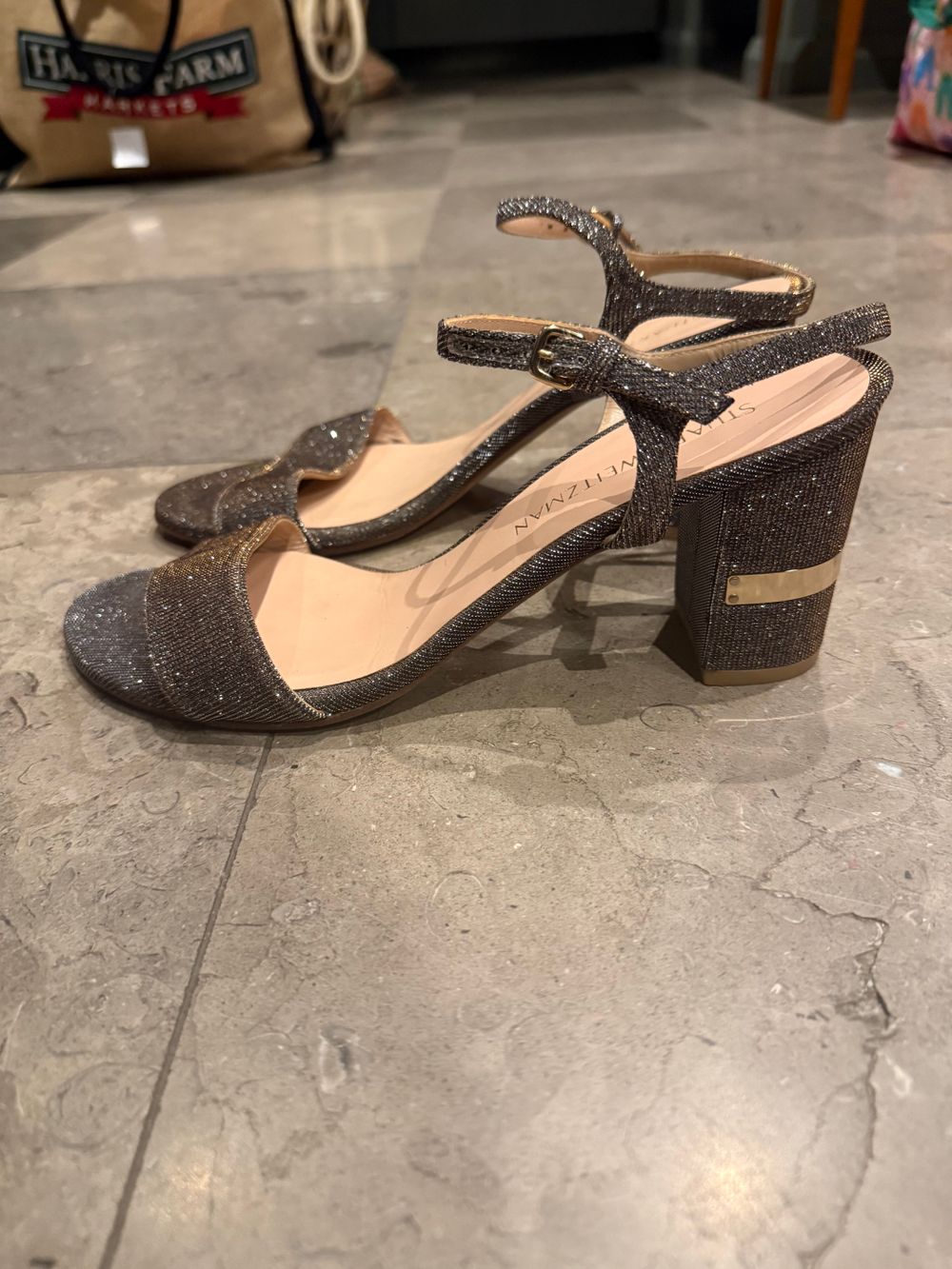 Stuart Weitzman Silver Glitter Block Heel Sandals