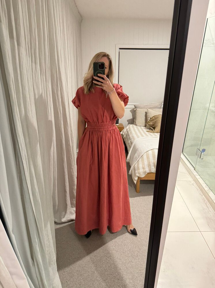strapless open back dress Matteau Gathered Drop Waist Dress - Polka Dot - Tomato