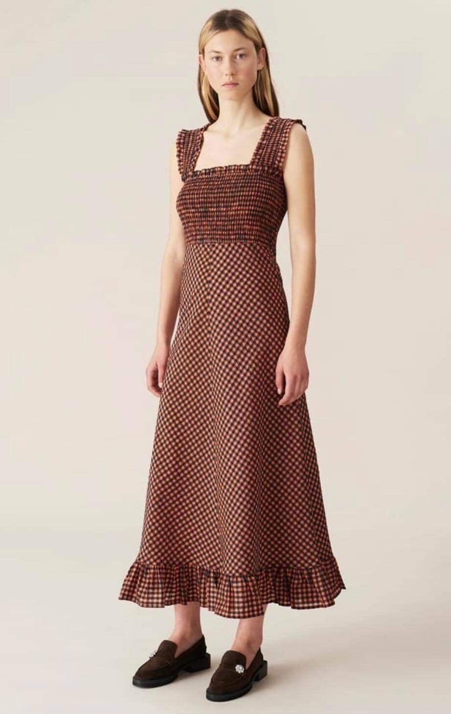 white christmas dresses Seersucker Check Gathered U-Neck Midi Dress in Lagoon
