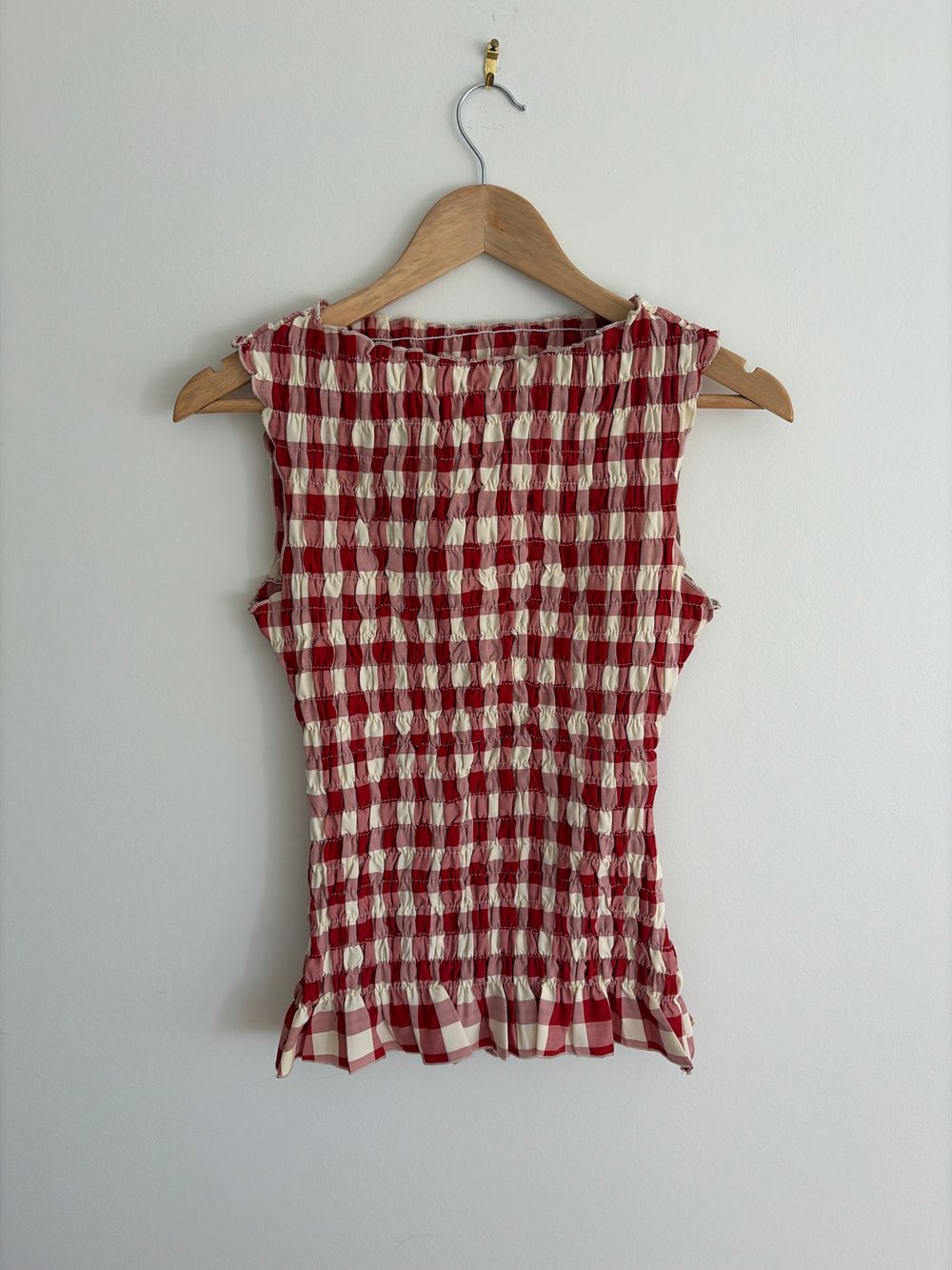 Red Gingham Check Smocked Top