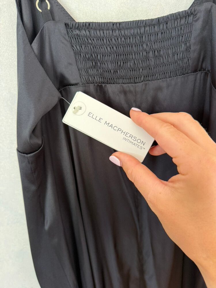 Elle MacPherson full length silky black dress