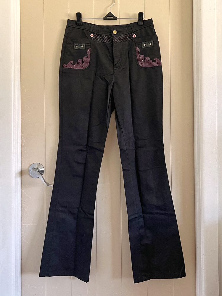 Black bootcut pants w/ purple accents