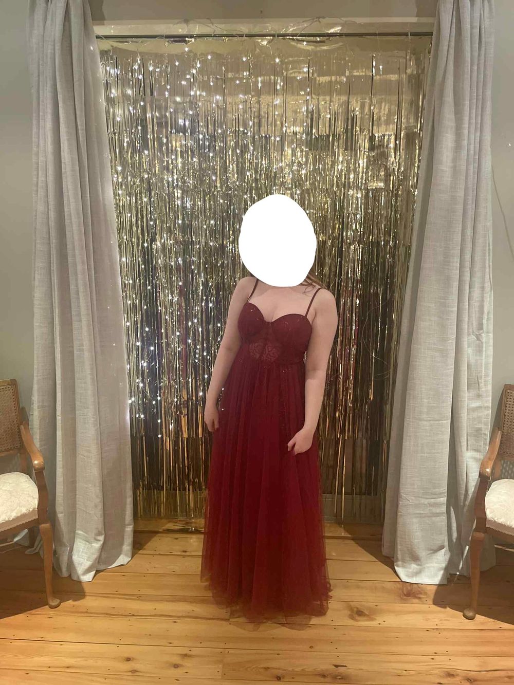 Red sequin faux corset ball dress