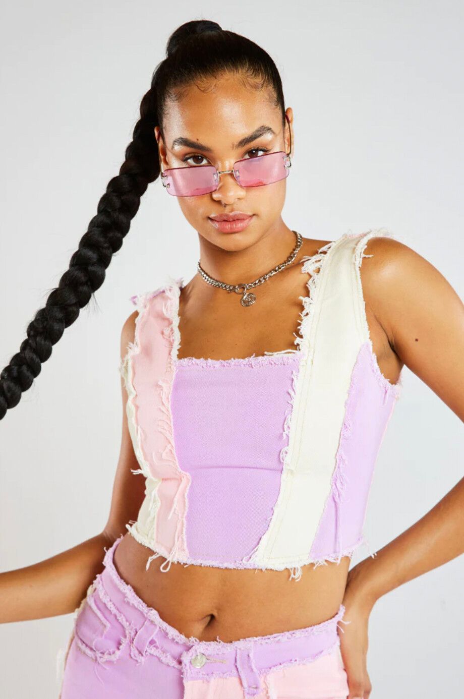 Jaded London - PASTEL PATCHWORK DENIM CORSET TOP on Designer Wardrobe
