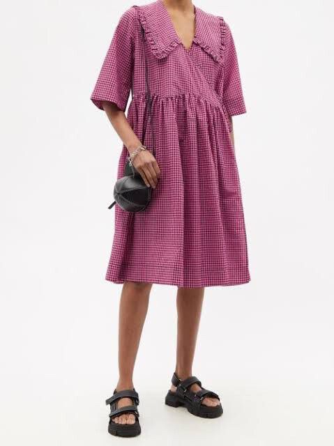 ganni wrap dress pink Ganni Smocked Satin Ruffle Collar Wavy Waist Oversize Wrap Dress on Garmentory