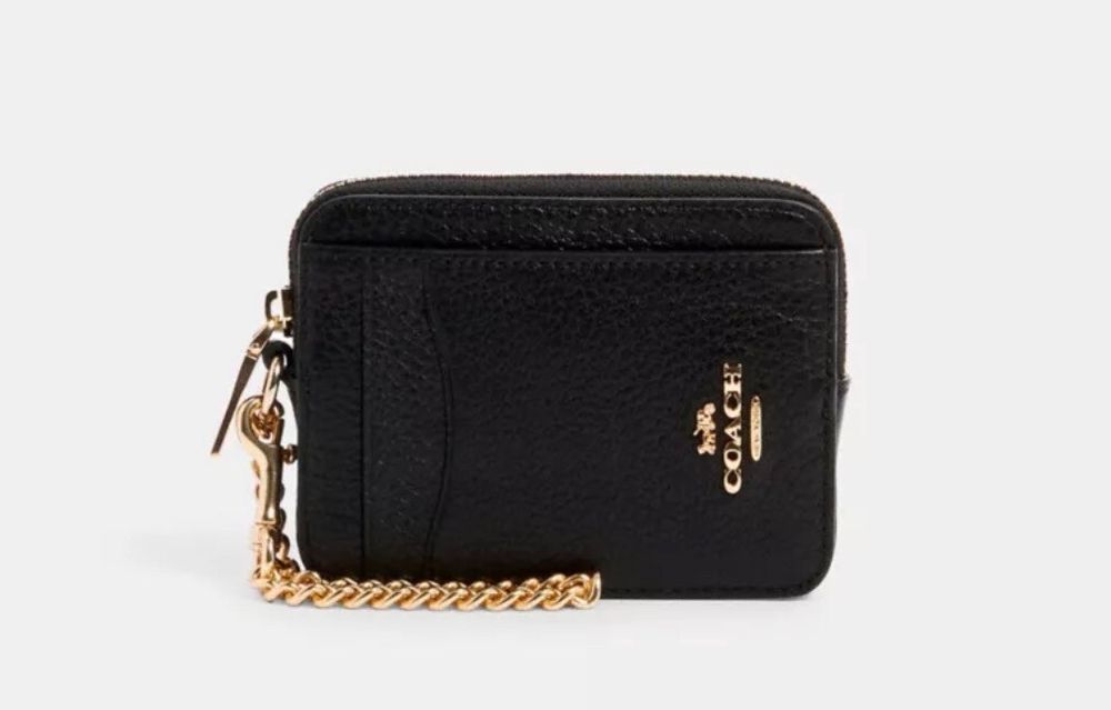 Coach Black Pebbled Leather Wallet With Gold Chain