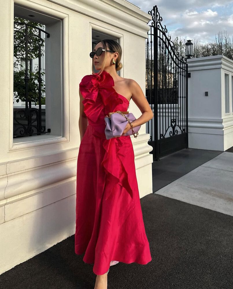 Aje - Aje Adelia Ruffle Midi Dress Bougainvillea Red on Designer Wardrobe