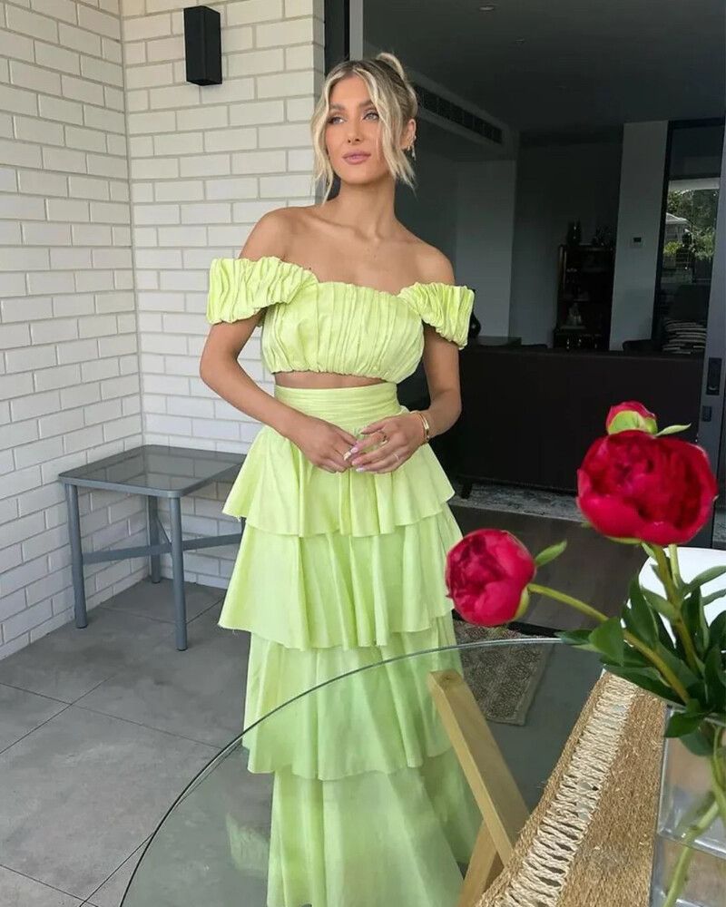 Aje Medina Set Crop Top and Tiered Skirt Light Lime Green