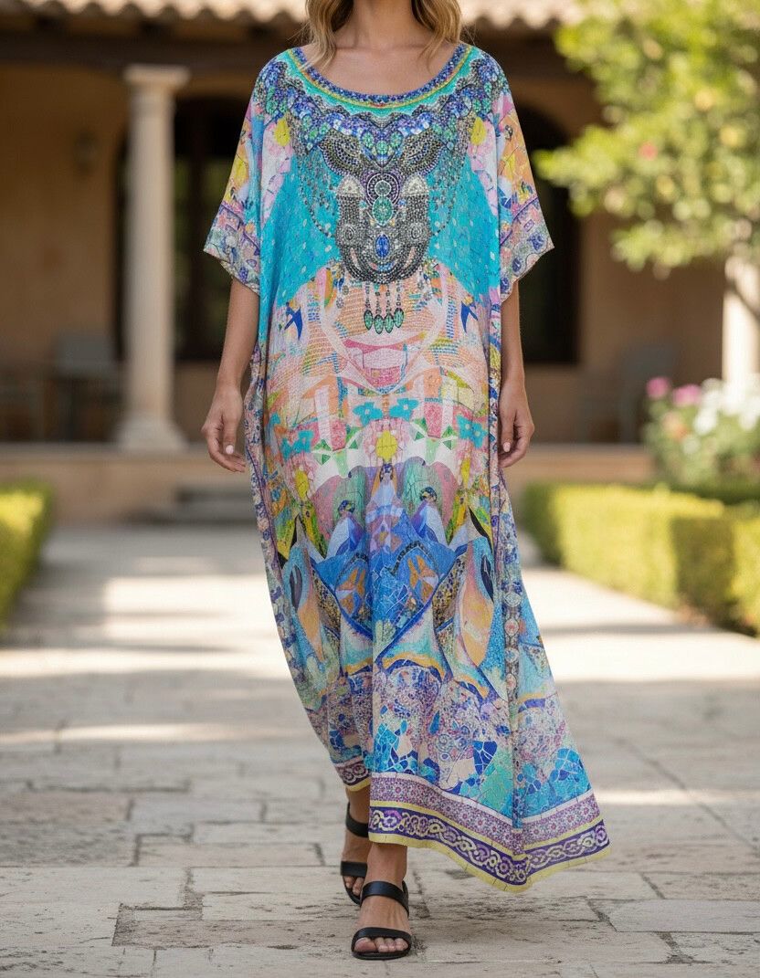 Camilla Gaudi Tribute Mosaic Silk Maxi Kaftan Dress